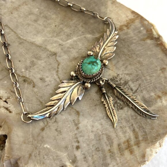 VTG Sterling Silver 925 H. Spencer Navajo Turquoise Leaf Feather Necklace 20.5" - Picture 3 of 16